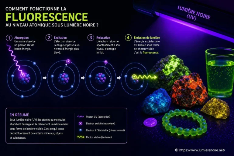 Comment fonctionne la fluorescence au niveau atomique sous lumière noire ?