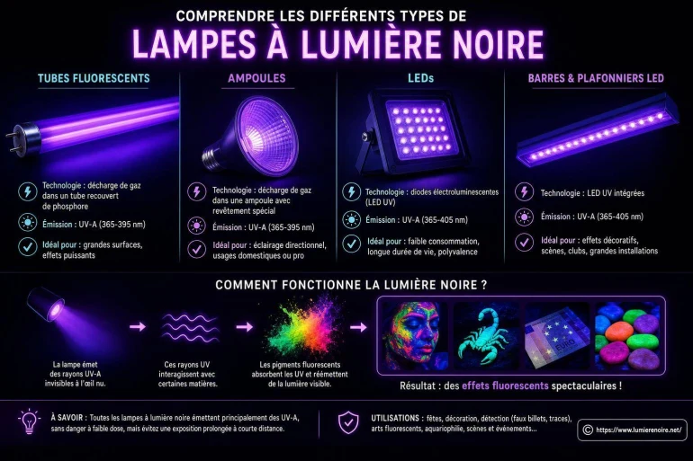Comprendre les différents types de lampes à lumière noire : tubes, ampoules et LED