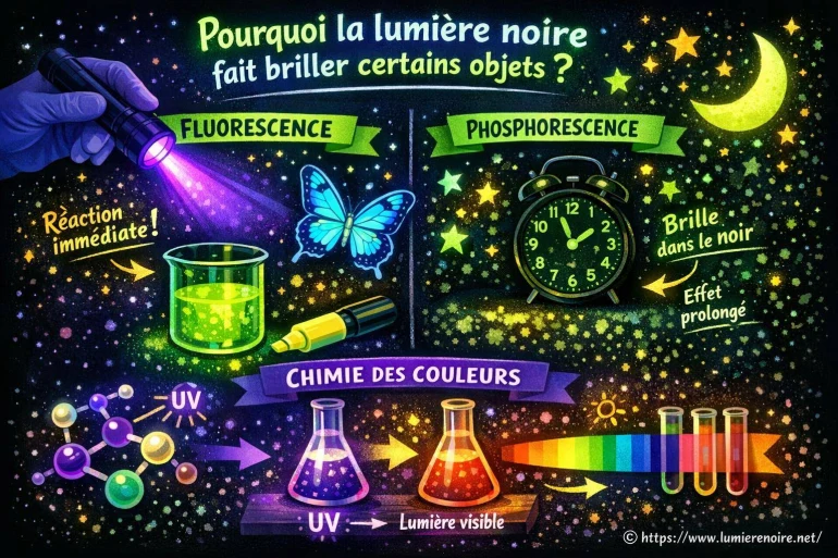 Pourquoi la lumière noire fait-elle briller certains objets : fluorescence, phosphorescence et chimie des couleurs ?