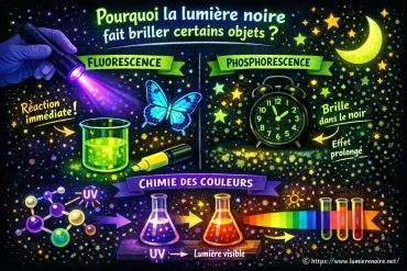 Pourquoi la lumière noire fait-elle briller certains objets : fluorescence, phosphorescence et chimie des couleurs ?