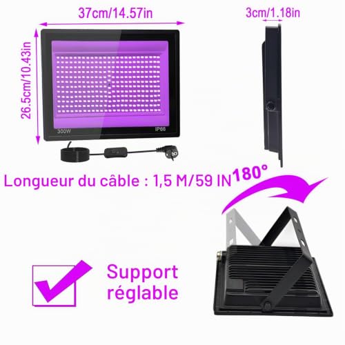 2 Pièces 300W Lumiere Noire LED, IP66 Etanche Projecteur lum