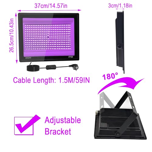 2 Pièces 300W Lumiere Noire LED, IP66 Etanche Projecteur lum