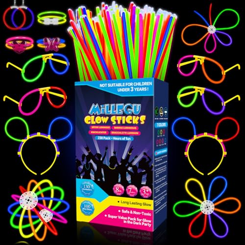 Millegu Bracelets Fluorescents Lumineux, 230 Party Pack 100 