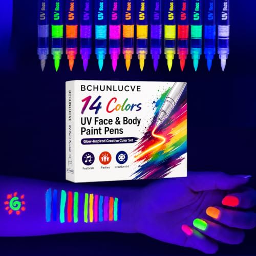 Bchunlucve 14 Couleurs Peinture Fluorescents UV, peinture corporelle pour maquillage fluo visage et corps, stylo tatouage peau, stylos lavables non toxiques pour festival, Mardi-Gras, Halloween